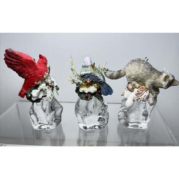 Lot Christmas Ornaments Birds Cardinal Raccoon on Ice Cubes Winter Nature Rustic - Picture 2 of 5